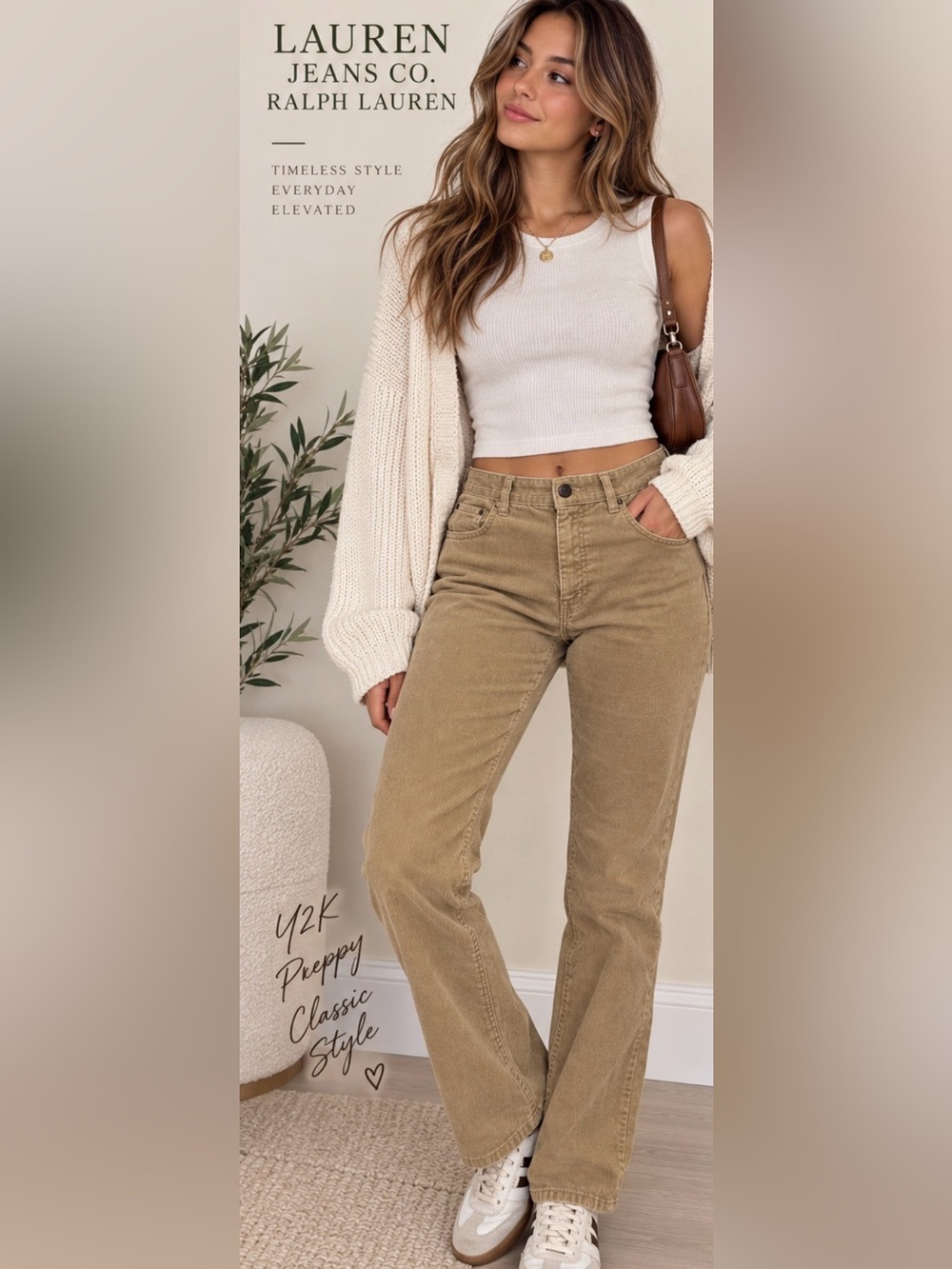 Lauren Ralph Lauren Corduroy Pants Women 8P Petite Beige Y2K Straight Leg